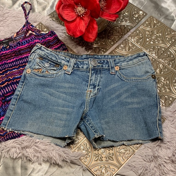 🌹Y2K VINTAGE TRUE RELIGION • Low Rise Stretch Cut Blue Denim Shorts - Picture 2 of 14